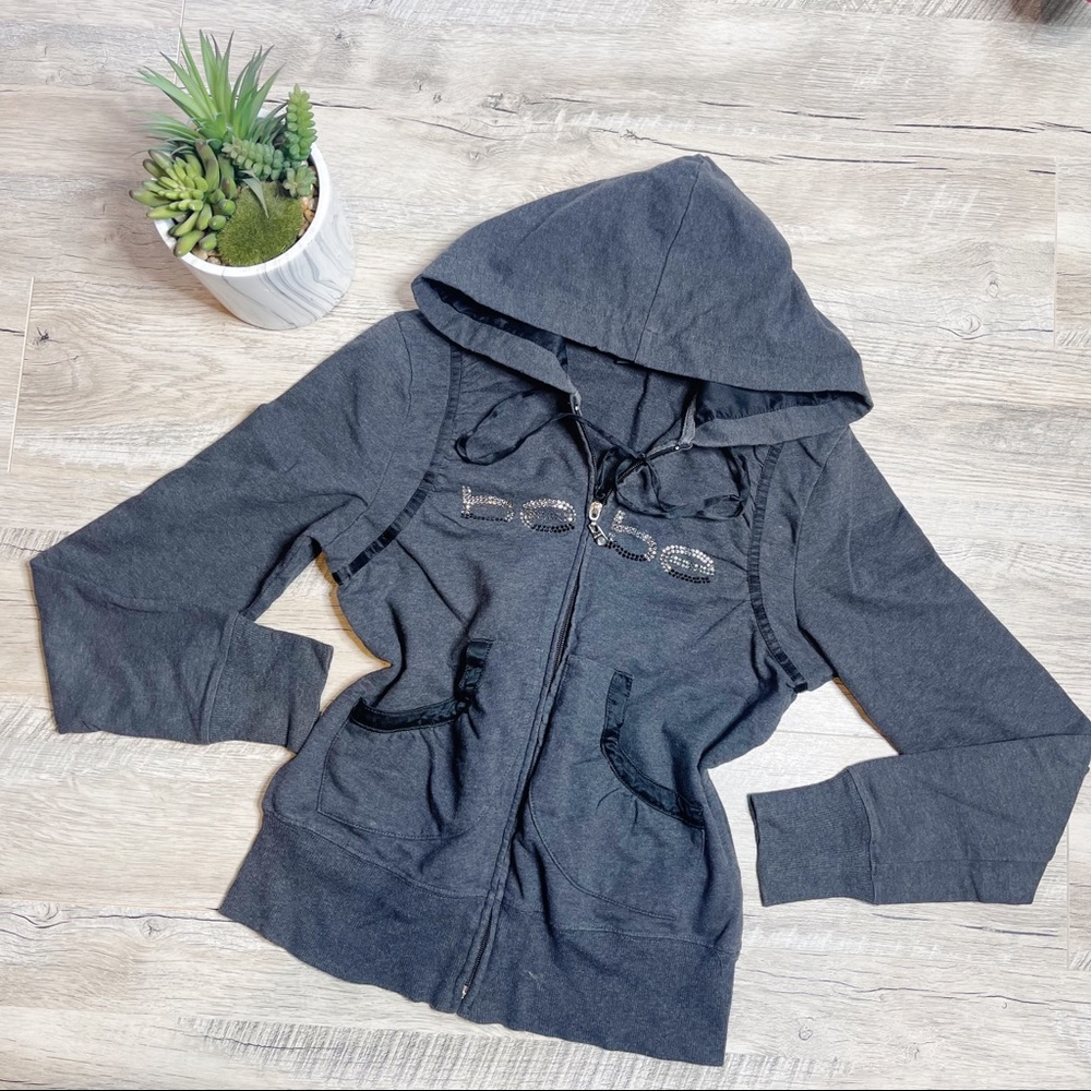 Bebe Grey Embellished Zip Up Long Sleeve Womens Jacket with Bow